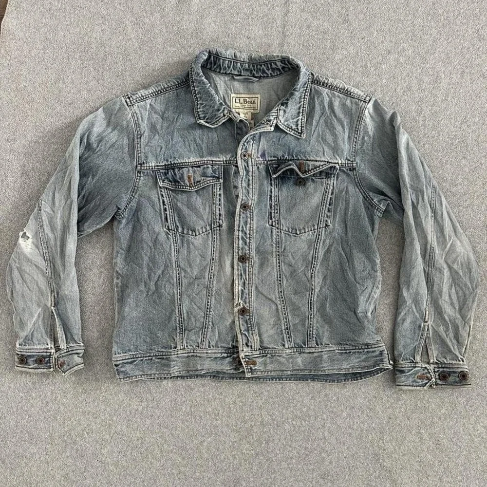 LL Bean Denim Jacket Mens Large Blue‎ Trucker Workwear Distressed Indie Grunge